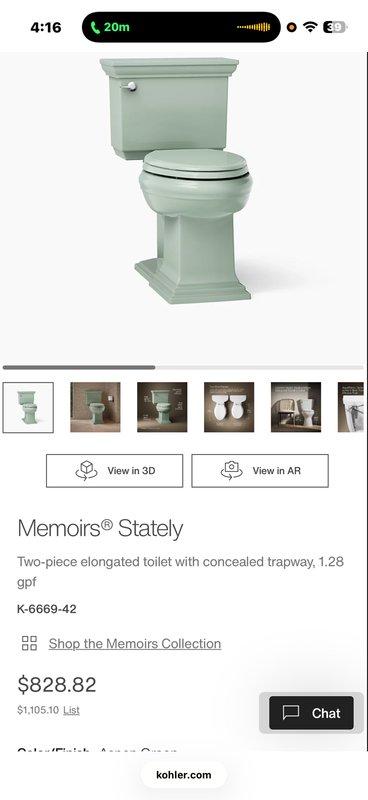 Installed customer-supplied faucet with company-provided deck plate on bathroom vanity. Installed new sage green Kohler Memoirs two-piece elongated toilet with concealed trapway and matching color caps on mounting hardware. Installed brass pop-up assembly and measured rusted ceiling vent in guest bath for replacement pricing.
