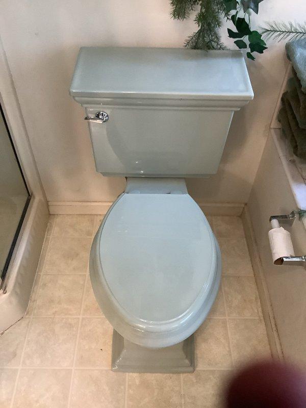 Installed customer-supplied faucet with company-provided deck plate on bathroom vanity. Installed new sage green Kohler Memoirs two-piece elongated toilet with concealed trapway and matching color caps on mounting hardware. Installed brass pop-up assembly and measured rusted ceiling vent in guest bath for replacement pricing.