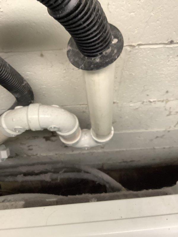 Inspected the washing machine drain connection after a report of water on the floor behind the unit. Found the corrugated drain hose seated in the top of the vertical PVC standpipe with a rubber collar, connected to the P-trap assembly, with staining and debris buildup visible around the lower pipe fittings and the wall. Treated the drain line with acid to clear buildup and restore proper drainage flow, which addresses the likely cause of the standpipe overflow behind the machine.