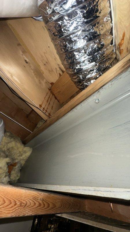 Responded to a burst pipe in the bathroom that had released water into the surrounding living space and required the main water supply to be shut off. Inspected the ceiling cavity and floor assembly below, locating the failed supply line and the resulting water damage, including a torn drywall section and moisture staining on the subfloor and joists. Isolated and repaired the leaking pipe, then restored water service and checked the system for leaks.