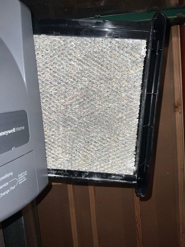 Performed annual furnace tune-up on 10-year-old unit as scheduled. Inspected Honeywell Home humidifier system and identified filter with significant dust accumulation and minor discoloration requiring replacement. Completed comprehensive system evaluation with no operational issues detected.