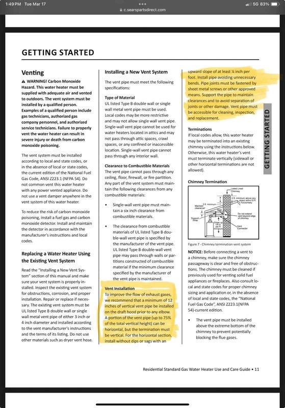Diagnosed water heater issue reported as "WH will not stay lit" (reference #12-489). Inspected venting system and identified improper installation not meeting manufacturer specifications. Reviewed installation manual with customer, highlighting proper chimney termination requirements and carbon monoxide safety concerns. Recommended proper venting modifications to ensure safe and reliable operation.
