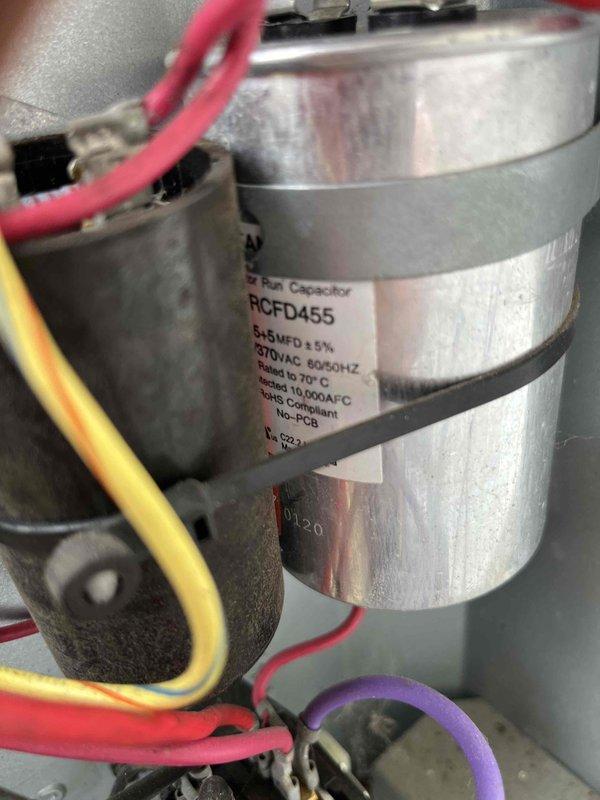 Performed routine maintenance on Club Heat and AC10-2 unit. Replaced dual run capacitor (RCFD455) rated at 5+5MFD/370VAC with new component. All connections were properly secured and system operation verified after installation.