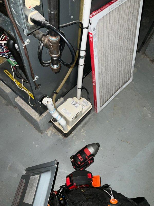Completed comprehensive furnace tune-up on residential HVAC system. Performed full inspection of furnace components, verified proper operation of all controls and safety devices, and checked electrical connections. Replaced 16x25x1 3M Filtrete air filter, inspected condensate pump and drainage system for proper function, and examined refrigerant lines for any signs of wear or damage. All equipment found operating within manufacturer specifications with no issues detected.