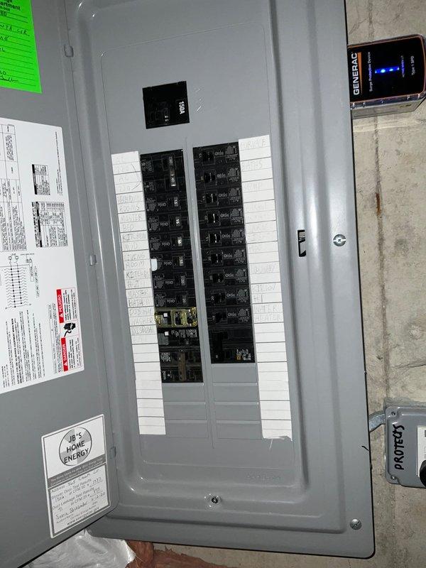 Completed routine HVAC maintenance agreement visit for Club Heat and AC10-2 service. Performed system inspection of air handler and associated components, documented electrical panel configuration and circuit breaker arrangement for HVAC system reference, and verified Generac backup power system connectivity to ensure proper operation during power outages. All equipment found operating within normal parameters and maintenance tasks completed per agreement specifications.