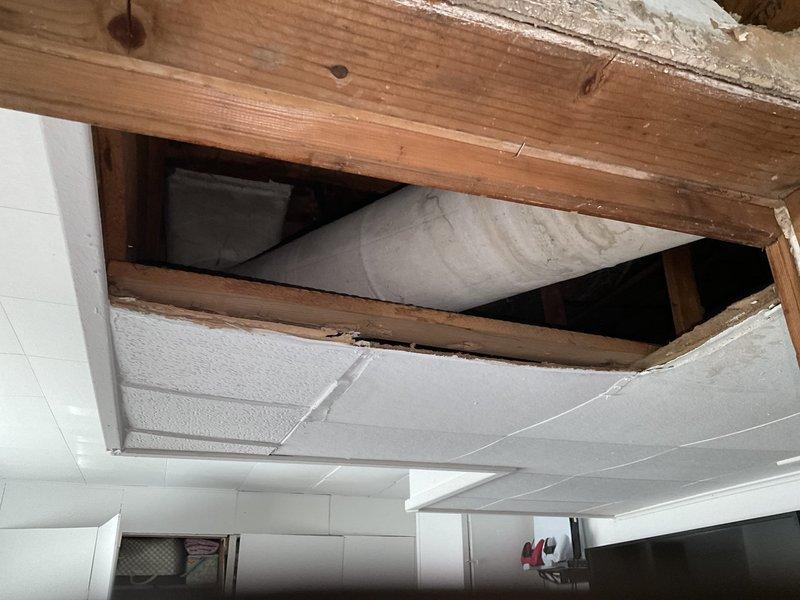 Completed HVAC estimate for ductwork replacement in attic crawl space. Inspection revealed existing metal ductwork suspended between structural joists with extensive cobweb accumulation indicating lack of recent maintenance, plus damaged drop ceiling section with sagging flexible ductwork requiring complete removal and reinstallation. Communication facilitated through phone translator to assess scope of work and document conditions for comprehensive ductwork replacement proposal.