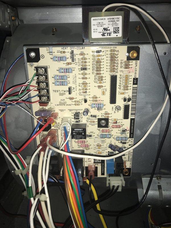 Completed routine maintenance agreement visit for Club AC8-12 service on air conditioning and heating system. Inspected and documented air filtration system, noting accumulated dust and debris in pleated filter media requiring attention. Accessed and examined HVAC control panel, verifying proper operation of heat off-delay circuit board and associated electrical components, connections, and control wiring.