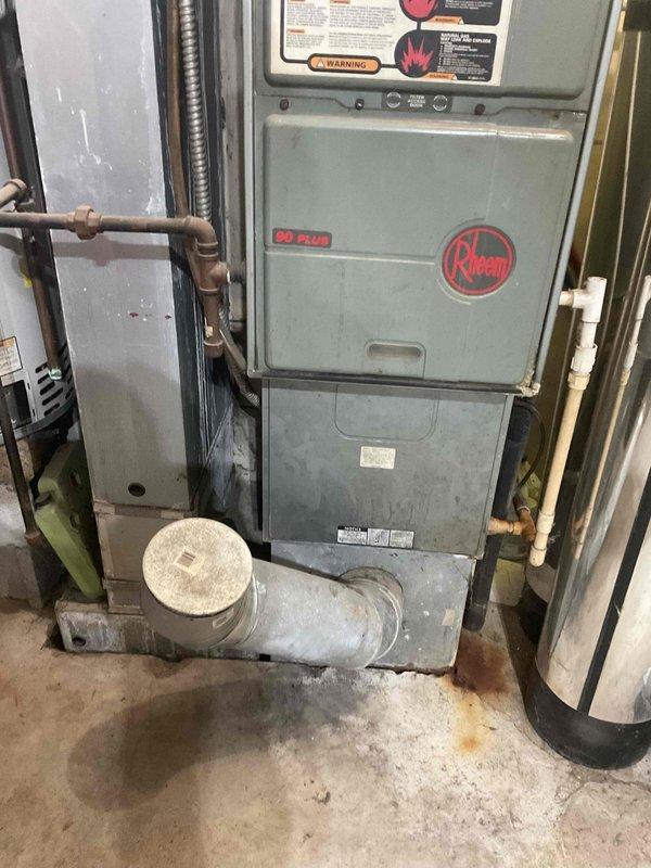 Provided comprehensive HVAC system replacement estimate for upgrading existing heating and cooling equipment to accommodate additional square footage from recent home addition. Assessed current Rheem 80 PLUS efficiency furnace installation and reviewed architectural floor plans showing expanded living space including master bedroom suite, office, and multiple bathrooms. Generated multiple quote options (03575-01, 03575-02, 03575-03) to address increased heating and cooling load requirements for the enlarged home footprint.