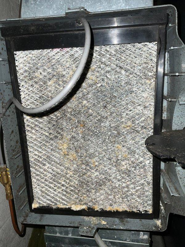 Performed routine AC tune-up and system inspection on residential air conditioning unit of unknown age. Inspected air handler and filter housing, documenting heavily soiled air filter with significant dust and debris accumulation requiring replacement. Evaluated system components including refrigerant lines, electrical connections, and ductwork connections. All accessible components photographed for maintenance records, with filter condition indicating extended service interval since last replacement.