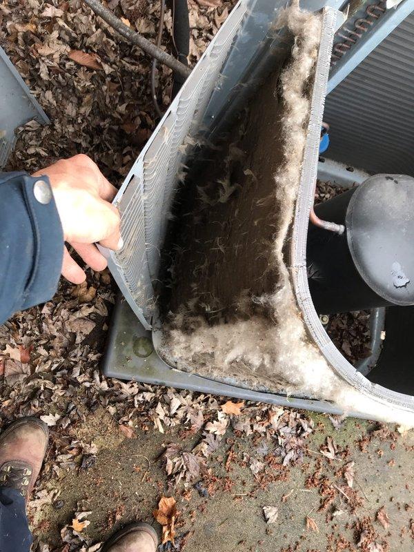 # HVAC Maintenance Visit Completed

Performed scheduled AC maintenance tune-up on residential air conditioning system. Upon arrival, found exterior condensing unit with significant accumulation of leaves, dirt, and organic debris both inside the cabinet and in the condensate drain pan area. Removed protective panels to access interior components and thoroughly cleaned condenser coil fins, which showed heavy soiling and environmental buildup. Cleared condensate drain pan of decomposed leaf matter and debris that had accumulated around drain components. Inspected refrigerant lines, electrical connections, and safety devices including float switch. Removed debris from unit base and surrounding area to ensure proper airflow and drainage. Documented pre-cleaning conditions showing extent of debris accumulation affecting system efficiency. Restored unit to clean operating condition and verified proper system operation. Photographed equipment condition for maintenance records.