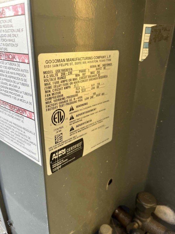 Completed annual AC maintenance visit on Goodman SSX160601FA condensing unit as part of prepaid membership agreement. Performed comprehensive tune-up including system inspection, electrical testing at 208-230V specifications, refrigerant line inspection, and verification of all manufacturer specifications. Unit operating within normal parameters with no deficiencies noted.