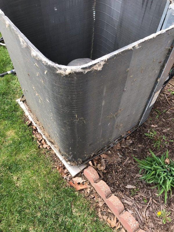 Completed annual air conditioning maintenance and tune-up on outdoor condensing unit. Removed exterior panels to access internal components, inspected condenser coils which showed normal dirt accumulation and weathering from outdoor exposure. Verified refrigerant lines, electrical connections including yellow and blue wiring, and compressor assembly. Noted deteriorated foam insulation along top edge of unit and debris around base pad. System operational and ready for cooling season.