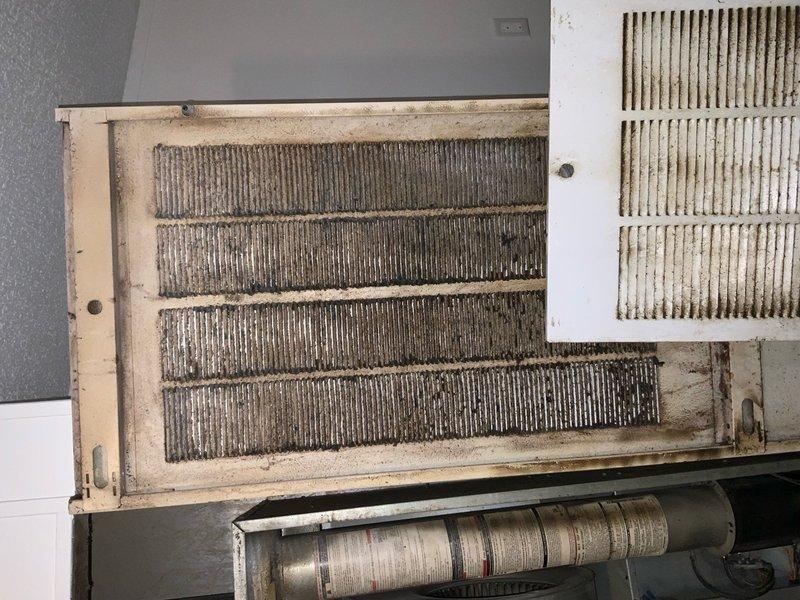 Responded to service call for A/C system evaluation and ductwork assessment. Upon inspection, found system operational but discovered severely clogged air filters with heavy dust and debris accumulation, restricting airflow throughout the system. Blower wheel assembly exhibited significant dust buildup on blades and housing, reducing efficiency and cooling capacity. Documented conditions with photos for customer review and provided recommendations for filter replacement and complete blower assembly cleaning to restore proper airflow and system performance. Quoted ductwork repair or replacement as requested by customer for future consideration.