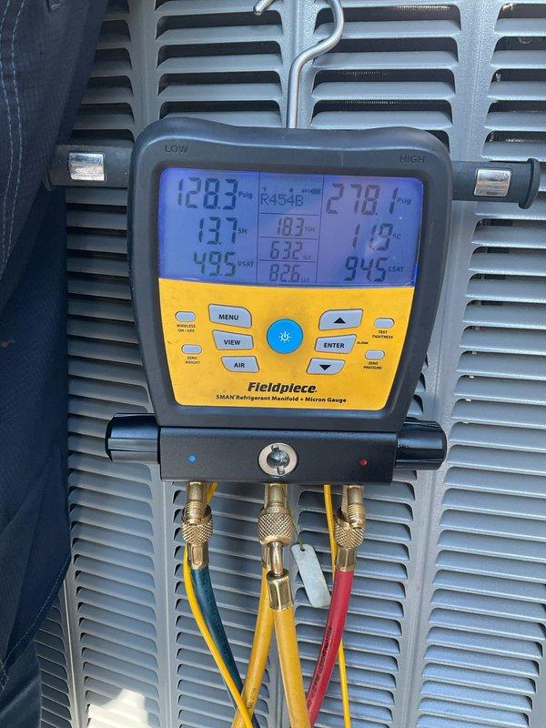 Responded to no-cooling call on club AC unit. Upon arrival, unit was non-operational. Performed diagnostic testing using digital manifold gauges to measure refrigerant pressures and temperatures across the system. Recorded superheat and subcooling values to assess refrigerant charge and system performance. Connected manifold gauge set to service ports and monitored operating pressures on both high and low sides of the system. Evaluated system parameters including suction and discharge pressures, with readings indicating proper refrigerant charge levels and compressor operation. Unit restored to normal cooling operation. All system parameters verified within manufacturer specifications.