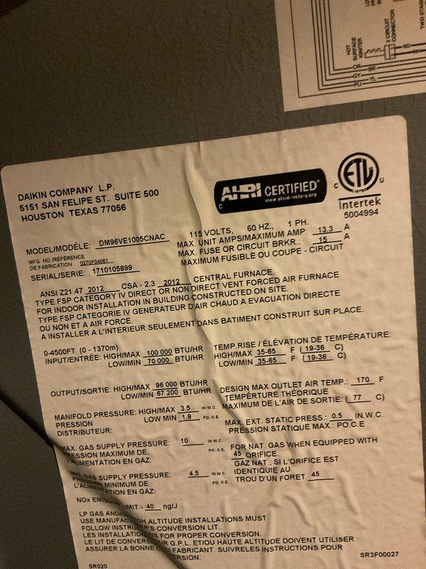 Completed routine HVAC maintenance tune-up as part of membership agreement benefits on Daikin DM96VE100SCNAC furnace (115V, 60Hz, 1-phase) and Daikin DATSBA1491AB air conditioning unit (208-230V, 60Hz, 1-phase). Performed comprehensive system inspection, verified manufacturer specifications, checked electrical connections and components, documented equipment condition through photographs, and ensured both heating and cooling systems are operating within normal parameters for continued reliable performance through the 2026 contract maintenance period.