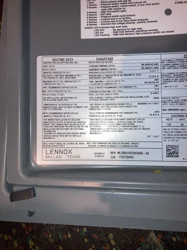 Completed preventive maintenance tune-up on Lennox ML296UH070XV3SB furnace system with 65,000 BTU capacity. Performed comprehensive inspection of heating equipment, verified operational safety controls including flame sensor and LED diagnostic indicators, and documented system specifications. Inspected associated HVAC components including condensate pump, PVC drainage system, and air filtration equipment to ensure proper seasonal operation.