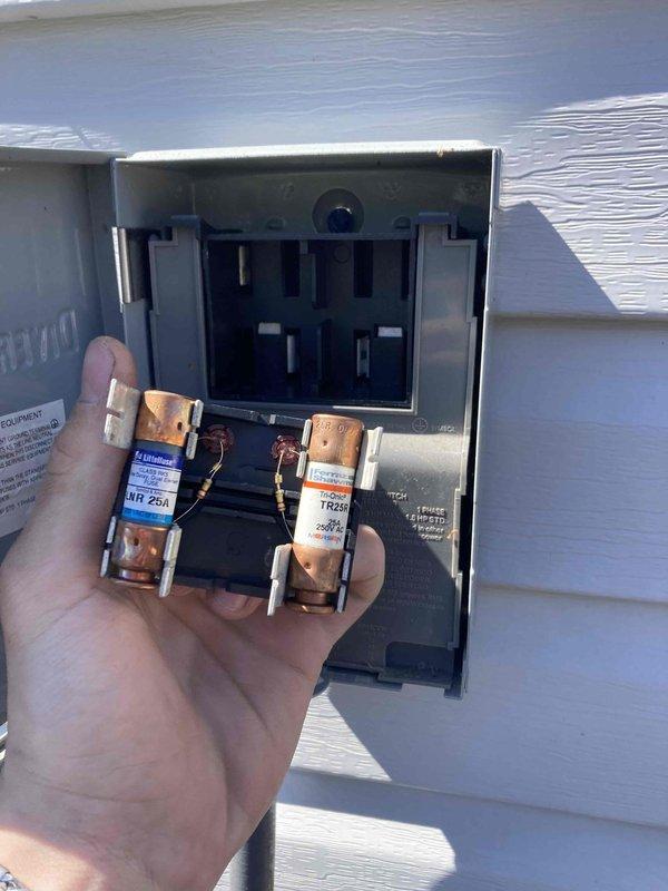 Completed annual AC tune-up and preventative maintenance on residential air conditioning system. Performed comprehensive inspection of outdoor condenser unit, including electrical components such as capacitor, contactor, and wiring connections. Verified proper operation of disconnect box and inspected cartridge fuses for integrity and correct amperage rating. All electrical connections were found secure with no signs of overheating or corrosion. Cleaned debris from condenser base, checked refrigerant pressures, and confirmed system is operating within manufacturer specifications for the upcoming cooling season.