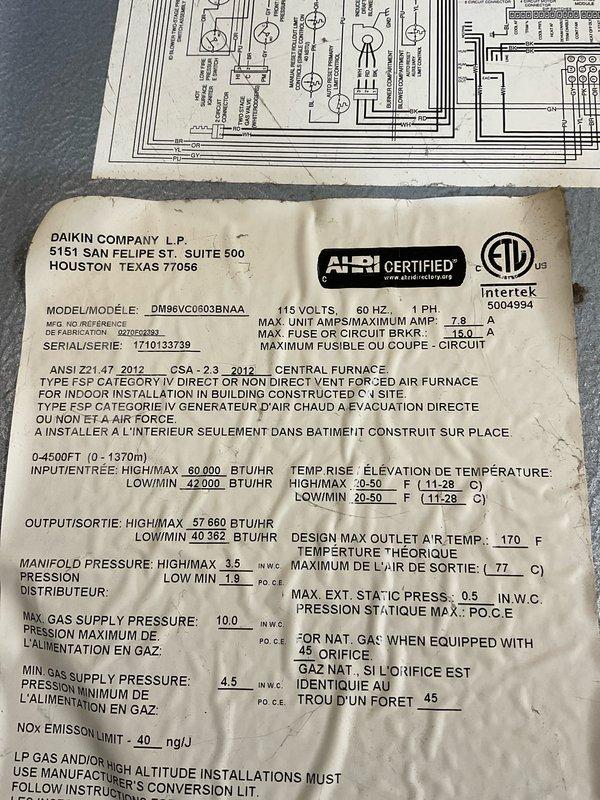 Completed prepaid AC maintenance tune-up as part of membership agreement. Performed comprehensive system inspection on Daikin DM96VC0803BNAA furnace unit (Serial: 171013739), documented equipment specifications including 60,000 BTU/HR high fire and 42,000 BTU/HR low fire ratings, verified electrical connections at 115 volts, and inspected flexible ducting and ventilation components for proper operation and integrity.