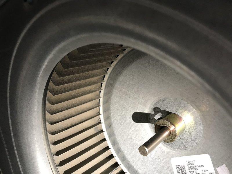 Completed routine preventive maintenance inspection under Club AC8-12 agreement. Accessed and photographed blower wheel assembly, confirming proper blade condition, cleanliness, and motor shaft integrity. All components operating within normal parameters with no deficiencies noted.