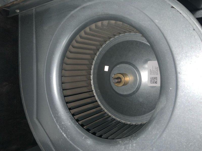Completed routine air conditioning tune-up and preventative maintenance on residential cooling system. Performed comprehensive inspection of blower assembly, including examination of centrifugal blower wheel and squirrel cage fan components, verifying proper operation and blade integrity. Inspected interior cabinet components, checked all mounting hardware, documented equipment specifications via manufacturer labels, and confirmed system is operating within normal parameters with no deficiencies noted at time of service.