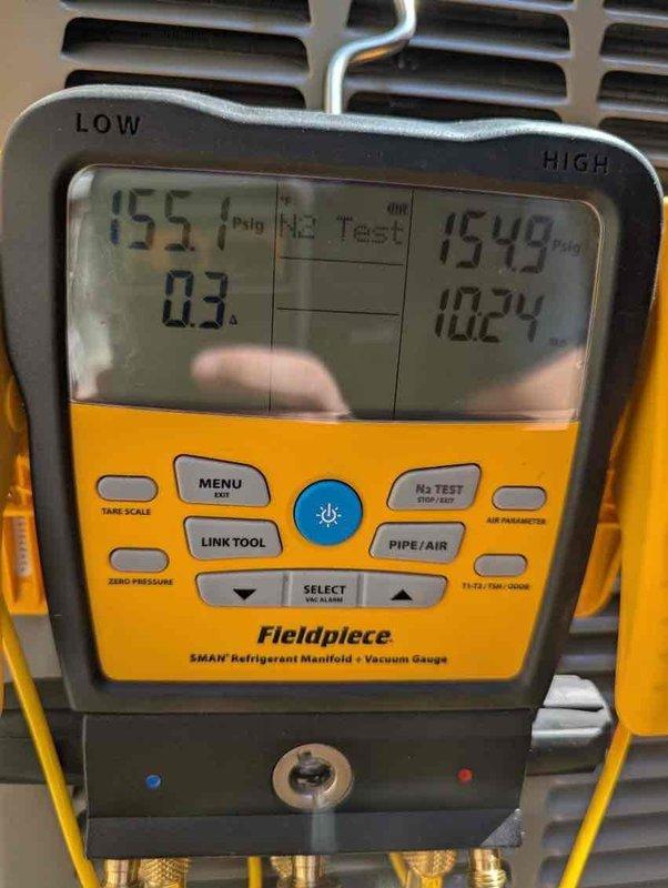 Completed installation of new air conditioning system and evaporator coil. Performed nitrogen pressure test at 1550 PSIG to verify system integrity and ensure no leaks in refrigerant lines and connections. Conducted final system diagnostics and pressure readings to confirm proper operation and refrigerant charge levels.