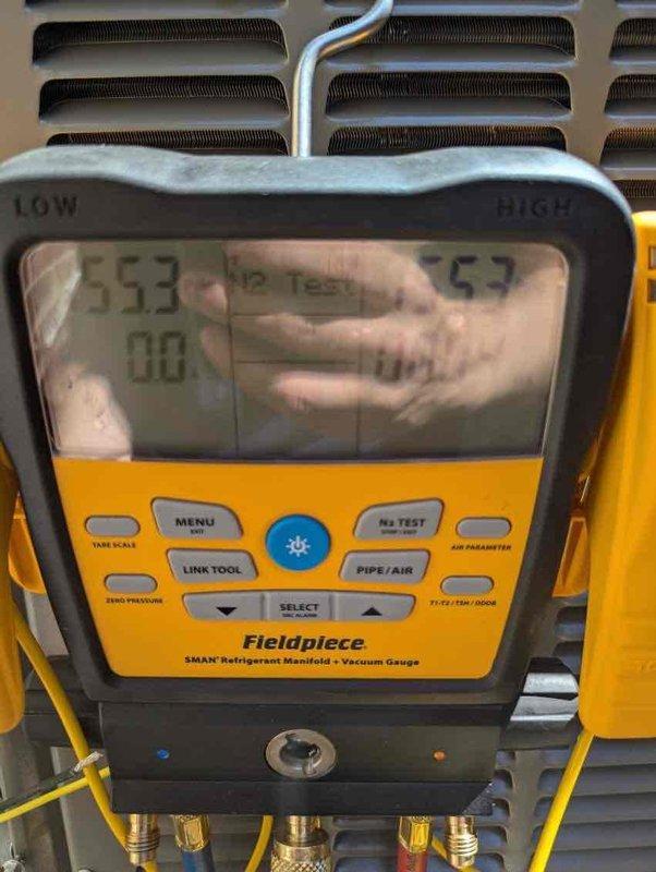Completed installation of new air conditioning system and evaporator coil. Performed nitrogen pressure test at 1550 PSIG to verify system integrity and ensure no leaks in refrigerant lines and connections. Conducted final system diagnostics and pressure readings to confirm proper operation and refrigerant charge levels.