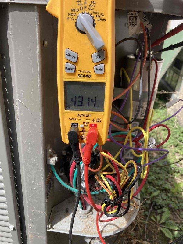 Completed annual cooling maintenance tune-up on residential HVAC system. Performed electrical diagnostics using multimeter, recording voltage readings at outdoor condenser unit. Identified heavily clogged condenser coil fins with significant dirt and debris accumulation restricting airflow; cleaned coils to restore proper system operation and efficiency. System confirmed operational upon completion.