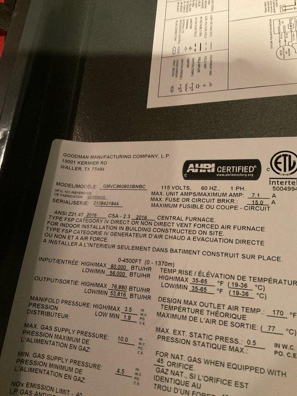 Completed Club AC8-12 maintenance agreement visit on Goodman GMVC960803BNBC furnace system rated at 80,000 BTU input. Performed comprehensive inspection of heating equipment including burner assembly, heat exchanger, blower motor, and ductwork connections. Applied service sticker to main plenum for future reference and verified all system components are operating within manufacturer specifications.