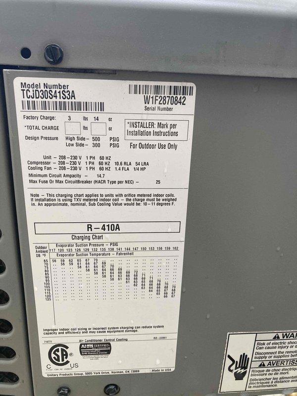 Completed yearly cooling maintenance tune-up on TGJD30S41S3A air conditioning system utilizing R-410A refrigerant. System was operating properly upon arrival and remained in good working condition throughout inspection. Performed standard preventive maintenance procedures including blower wheel inspection, which showed normal dust accumulation, and verified manufacturer specifications and refrigerant charge levels per unit nameplate data.
