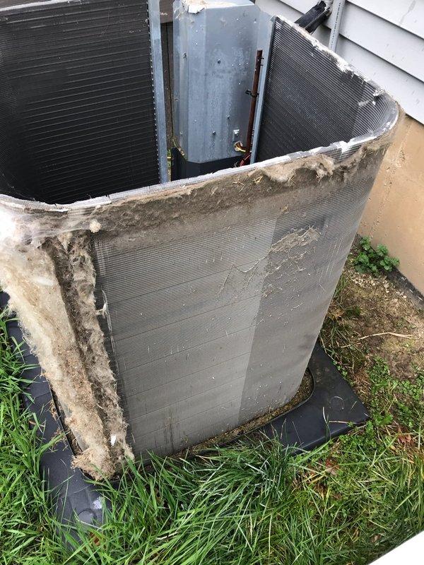 Completed preventive maintenance agreement visit on outdoor AC condensing unit. Upon arrival, found unit with removed outer casing panels exposing internal components, extensive dirt and biological growth accumulation on exterior surfaces, and heavily soiled condenser coils. Performed comprehensive cleaning of condenser coils to remove dirt, debris, and organic buildup. Inspected refrigerant lines, compressor, and all accessible internal components for proper operation and wear. Documented equipment condition with photographs showing deteriorated protective panels and significant environmental contamination requiring attention during this scheduled maintenance visit.