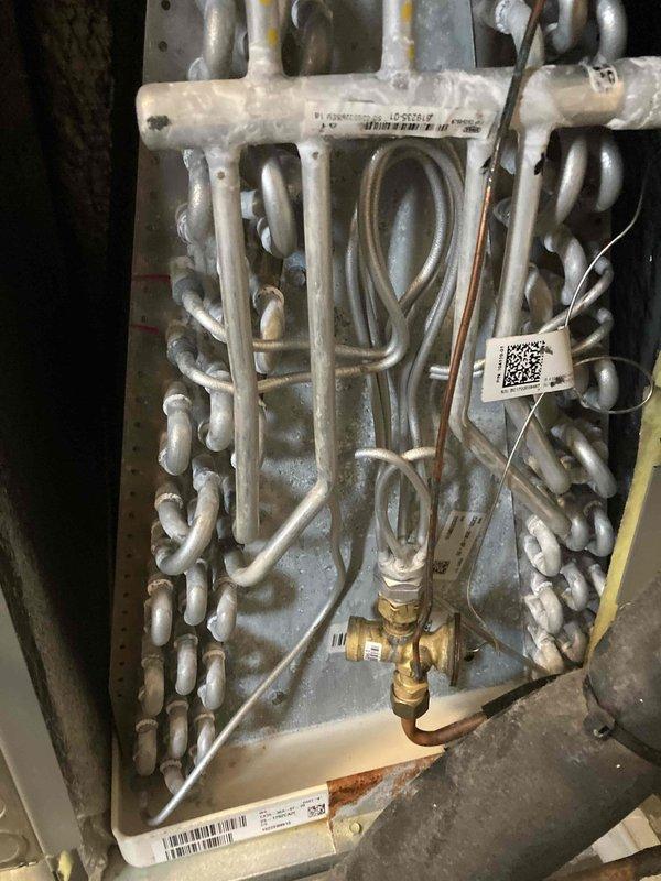 Performed AC club maintenance visit for system experiencing furnace operational issues. Conducted electrical diagnostics on outdoor condensing unit using clamp meter, recording inrush current reading of 52.1 amps at compressor circuit. Inspected evaporator coil assembly and verified refrigerant line connections at brass service valves. All electrical connections at outdoor unit terminal block examined and found secure with proper wire routing through conduit. System components showed normal operational wear with some dust accumulation on condenser housing and minor residue buildup on evaporator coil surfaces.