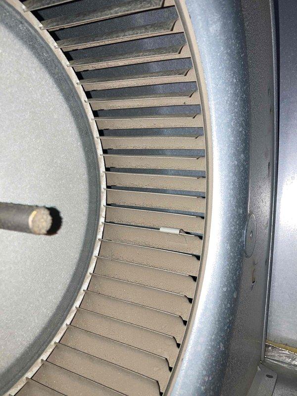 Completed routine preventive maintenance inspection on residential air conditioning system as part of club membership agreement. Inspected blower wheel assembly, noting normal operational dust accumulation on fan blades with components functioning within acceptable parameters. Examined refrigerant line set and observed surface oxidation on copper piping consistent with age and environmental exposure, though lines remain structurally sound with no visible refrigerant leaks detected.