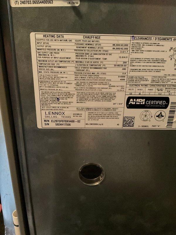Completed preventive maintenance agreement visit on Lennox EL297DFD70XV48B-02 furnace unit with serial number 5924H17556. Performed comprehensive system diagnostics using calibrated manifold gauges to measure refrigerant pressures and temperatures across the air conditioning system. Inspected equipment components, verified manufacturer specifications on unit nameplate, documented system operating parameters, and confirmed all readings were within normal operating ranges for optimal performance.
