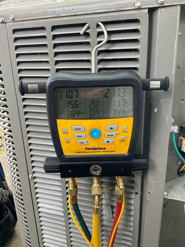 Completed preventive maintenance agreement visit on Lennox EL297DFD70XV48B-02 furnace unit with serial number 5924H17556. Performed comprehensive system diagnostics using calibrated manifold gauges to measure refrigerant pressures and temperatures across the air conditioning system. Inspected equipment components, verified manufacturer specifications on unit nameplate, documented system operating parameters, and confirmed all readings were within normal operating ranges for optimal performance.