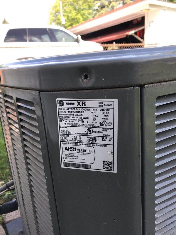 Completed preventive maintenance inspection on Trane XR series outdoor condensing unit as part of annual maintenance agreement. Performed visual inspection of unit exterior, verified manufacturer specifications, and documented equipment condition with photographs showing normal operational wear on finned coil assembly and copper refrigerant lines. Customer will contact office to schedule callback for Club AC8-12 service.