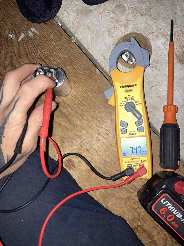 Completed preventive maintenance agreement visit for air conditioning system. Performed comprehensive electrical diagnostics using clamp meter, measuring voltage at 247V and capacitance at 10.07 MFD within the unit's control panel. Inspected and tested all electrical connections, including multiple control wiring circuits, to ensure proper system operation and safety compliance per manufacturer specifications.