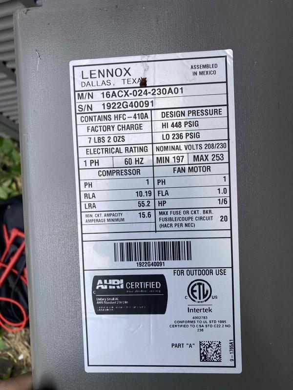 Performed comprehensive AC/furnace tune-up on Lennox 16ACX-024-230A01 outdoor unit (serial number 1922G40091). Conducted standard maintenance inspection, verified proper refrigerant charge of HFC-410A (7 lbs 2 oz factory charge), tested electrical components and confirmed compressor RLA at 10.19 amps and fan motor FLA at 1.0 amps within manufacturer specifications. Measured and recorded operating temperature of 52.4°F, indicating normal system performance and proper heat exchange.