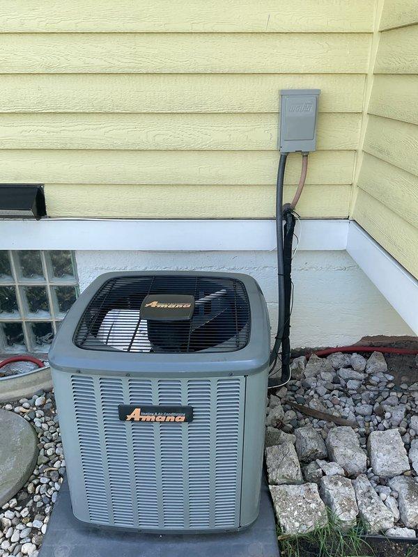 Conducted on-site evaluation of existing Amana air conditioning system for replacement estimate. Documented current equipment specifications, model numbers, and installation configuration including outdoor condensing unit, indoor components, and associated PVC drainage piping. Provided multiple equipment replacement options to address customer's HVAC system needs.