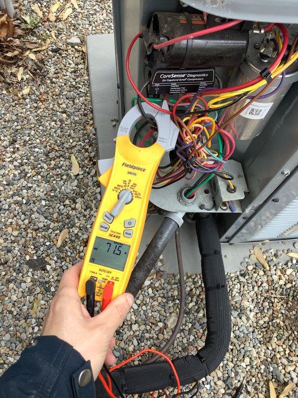 Completed preventive maintenance agreement visit for Club AC8-12 service on air conditioning system. Performed comprehensive electrical diagnostics using clamp meter to verify amperage draw at 71.5 amps, indicating proper compressor operation within manufacturer specifications. Utilized digital manifold gauge set to measure refrigerant pressures and temperatures across the system, confirming optimal superheat and subcooling values. Inspected CoreSense Diagnostics module and all electrical connections, capacitor, and wiring harnesses for proper operation and secure terminations. All system parameters tested within normal operating range with no deficiencies noted.