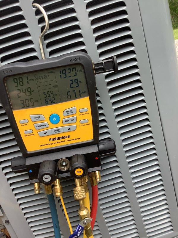 Completed preventive maintenance agreement visit for Club AC8-12 service on air conditioning system. Performed comprehensive electrical diagnostics using clamp meter to verify amperage draw at 71.5 amps, indicating proper compressor operation within manufacturer specifications. Utilized digital manifold gauge set to measure refrigerant pressures and temperatures across the system, confirming optimal superheat and subcooling values. Inspected CoreSense Diagnostics module and all electrical connections, capacitor, and wiring harnesses for proper operation and secure terminations. All system parameters tested within normal operating range with no deficiencies noted.