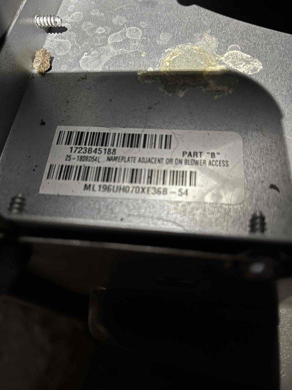 Responded to service call for AC system not running efficiently. Upon arrival, performed diagnostic evaluation of Goodman furnace model ML196U1070XF36B-54. Inspected blower compartment and associated components, documented equipment nameplate information and current system condition. Unit showed signs of accumulated dirt and debris on exterior housing. Completed system assessment and provided customer with findings regarding operational efficiency concerns.