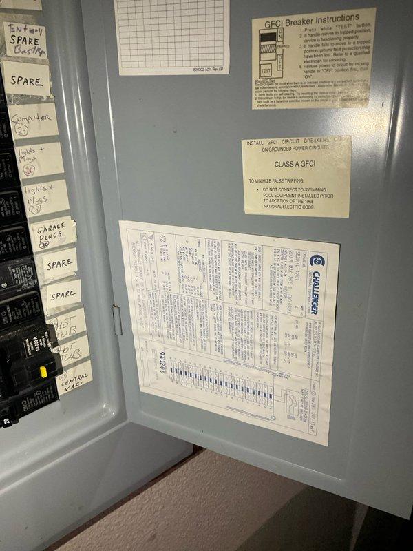 Conducted on-site HVAC estimate for air conditioning system replacement. Evaluated existing electrical infrastructure and documented current electrical panel configuration to assess compatibility with new AC equipment installation. Photographed electrical service panel showing circuit breaker layout, labeling system, and available capacity for future air conditioning unit connection.