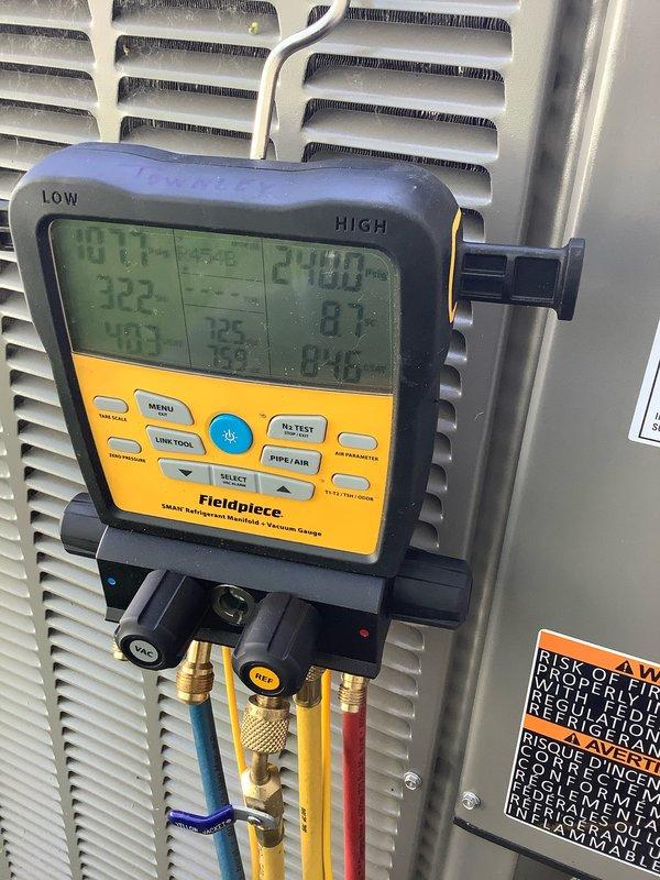 Responded to no cooling complaint on club AC unit. Upon arrival, connected digital manifold gauges and performed system diagnostics to check refrigerant pressures and operating parameters. Utilized clamp meter to verify electrical readings and confirm proper amperage draw on compressor circuit. System evaluated and measurements documented for maintenance agreement visit.
