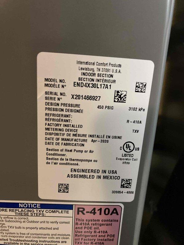 Completed scheduled HVAC maintenance tune-up on International Comfort Products heat pump system, model END4X30L17A1, manufactured April 2020, utilizing R-410A refrigerant with TXV metering device. Performed comprehensive system inspection and diagnostics, including electrical measurements with digital multimeter to verify proper voltage and amperage readings at 0.34A, confirming unit operating within normal parameters. All components inspected, system tested, and unit left in proper working condition per manufacturer specifications.