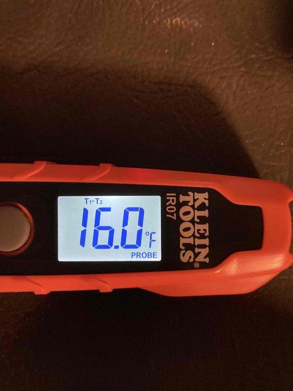 Completed preventative maintenance agreement visit on residential air conditioning system. Performed comprehensive inspection and diagnostics, including temperature differential measurements across the evaporator coil showing 16°F split, and electrical testing with multimeter reading 46.7 on system components. All measurements within normal operating parameters, confirming proper system performance and efficiency for continued seasonal operation.