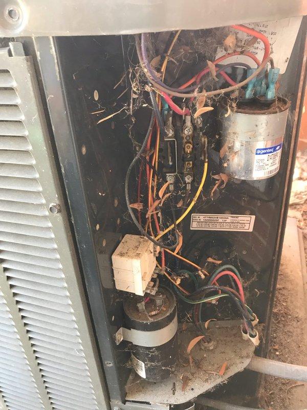 Completed routine maintenance agreement visit for AC unit with availability after 5 PM. Performed comprehensive inspection of electrical components, capacitor, blower assembly, and motor housing; documented heavy dirt and debris accumulation throughout system requiring attention during service. All accessible components photographed for maintenance records, with blower wheel and motor assembly showing operational status despite visible condensation on housing.