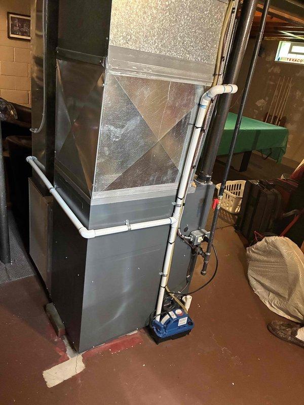 Conducted on-site assessment of existing basement HVAC system for replacement estimate. Documented current Daikin furnace installation with associated ductwork, Honeywell air filtration unit, condensate pump, and PVC drain lines. Photographed equipment specifications, model numbers, and system configuration to provide accurate replacement quotes for single component options.