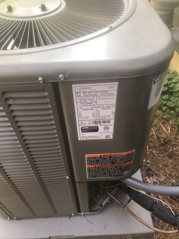 Responded to no-cool complaint on one-year-old Lennox air conditioning system installed by our company. Upon arrival, confirmed airflow present but inadequate cooling throughout residence. Inspected outdoor condenser unit, verified proper operation of compressor and condenser fan, checked refrigerant lines and electrical connections at outdoor unit. System showed no visible signs of damage or refrigerant leakage at condenser. Documented equipment condition with photos for service records.