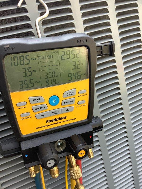 Completed routine maintenance inspection on residential air conditioning system as part of preventative maintenance agreement. Performed diagnostic testing using refrigerant manifold gauge, recording system pressures at 108.5 psia with temperature differentials within normal operating parameters. Measured compressor amperage draw at 57.7 amps to verify electrical performance and confirm unit operating within manufacturer specifications. All readings indicate system functioning properly with no immediate service needs identified.