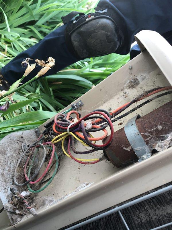 # No Cool Service Call - 20-Year-Old AC Unit

Responded to a no cooling complaint on a 20-year-old outdoor air conditioning system. Upon arrival, customer reported the unit was still operating but not producing adequate cold air. 

Performed visual inspection of the outdoor condensing unit and removed the top access panel to examine internal components. Found extensive corrosion and deterioration throughout the electrical compartment, with visible rust on metal surfaces and discoloration indicating prolonged exposure to the elements.

Inspected the filter drier canister and discovered severe corrosion across the entire component. The cylindrical metal housing exhibited heavy rust penetration with a rough, degraded surface texture, compromising the integrity of the refrigeration system. The extensive corrosion on the filter drier indicated long-term moisture contamination within the sealed refrigeration circuit.

Documented the condition of electrical wiring, capacitor, and internal com